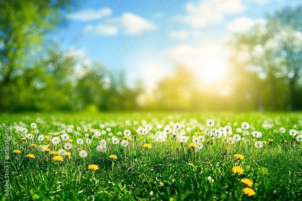 Fototapeta premium Beautiful bright natural image of fresh grass spring meadow with dandelions with blurred background and blue sky with clouds.