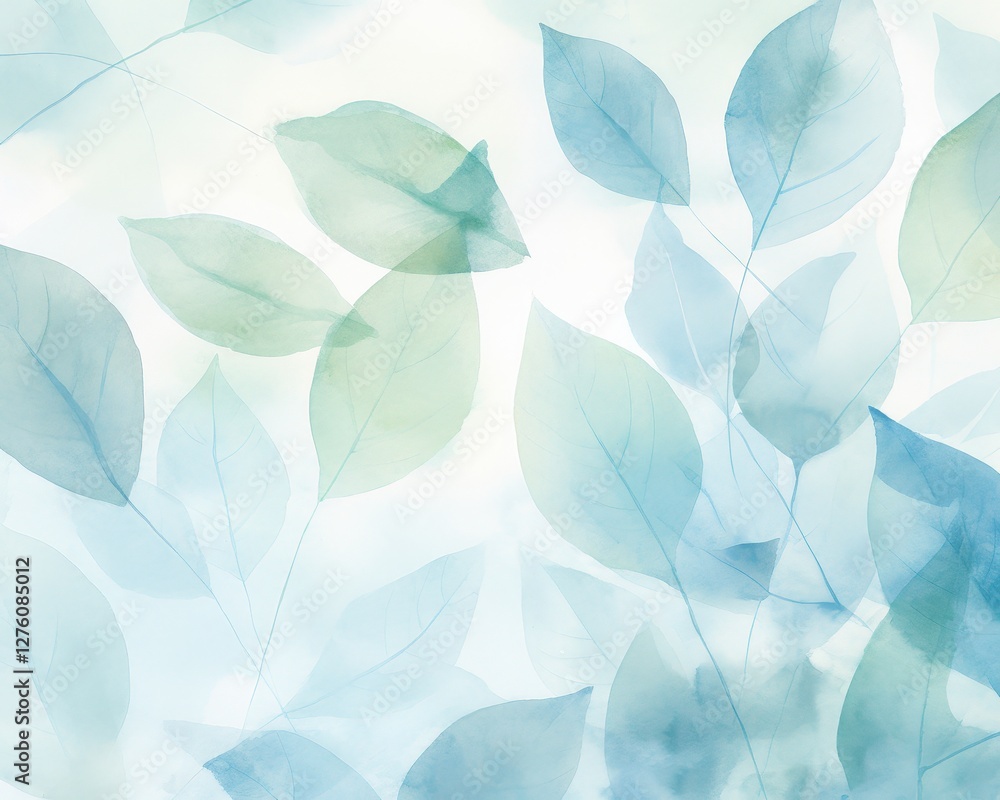 Watercolor leaves in blue and green, overlaying, creating a calming background for graphic design or print Watercolor leaves in blue and green, overlaying, creating a calming background for graphic design or print