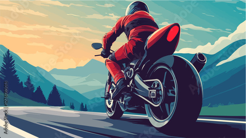 Illustration of a sports motorcycle. Motorcycle racer. Motorcyclist. Riding a motorcycle.