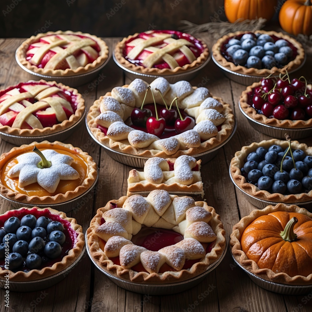 custom made wallpaper toronto digitalColorful assortment of homemade pies served on a rustic wooden table with decorative pumpkins in autumn setting