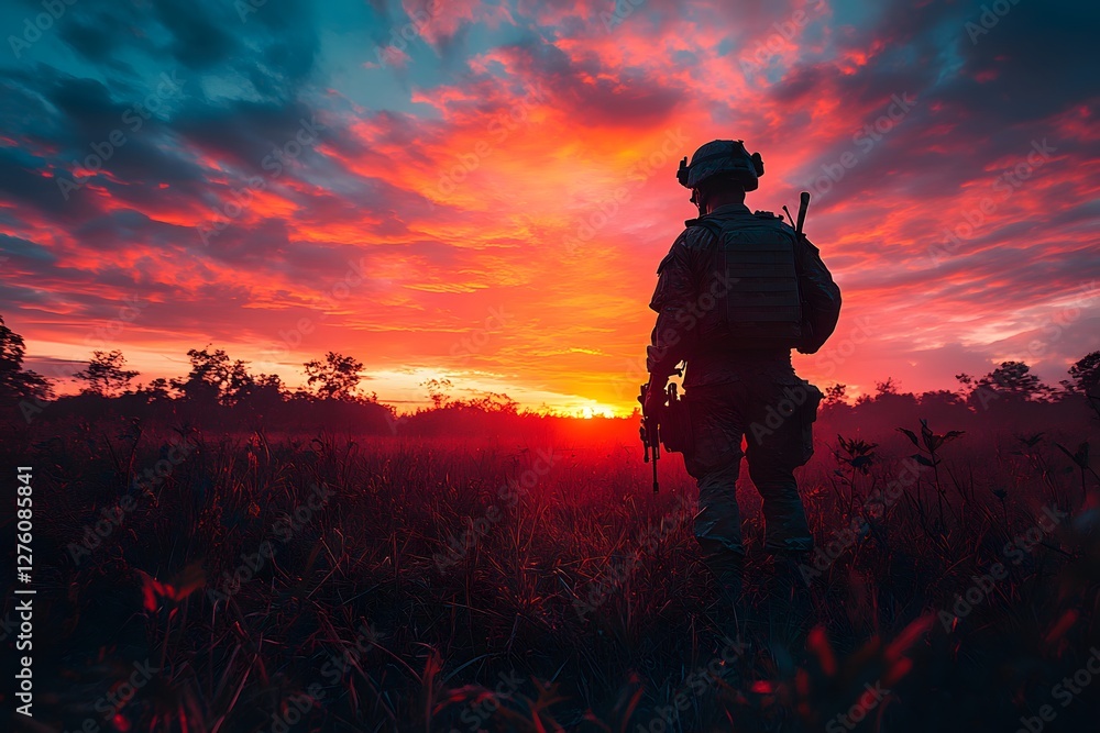 Fototapeta premium Silhouette of a Soldier at Sunset in a Tranquil Field