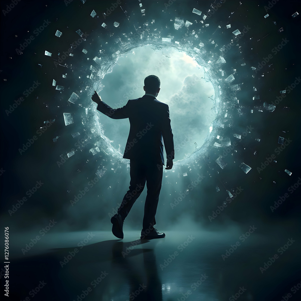 Fototapeta premium “Breaking Limits” – A businessperson breaking through a glass ceiling (Realistic, Dramatic Lighting)