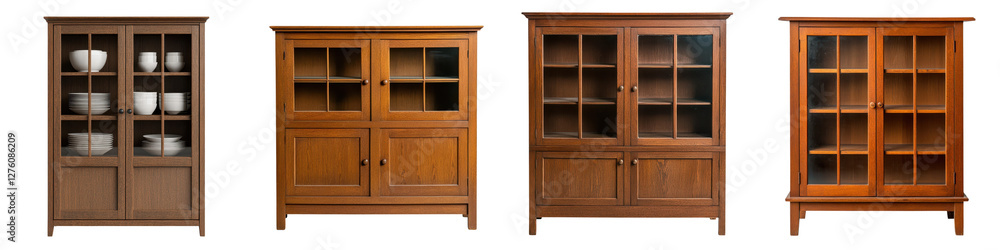 Elegant wooden cabinets and display shelves for storing and showcasing books decor and household items in a classic traditional style for the home or office Elegant wooden cabinets and display shelves for storing and showcasing books decor and household items in a classic traditional style for the home or office