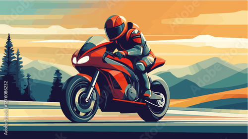 Illustration of a sports motorcycle. Motorcycle racer. Motorcyclist. Riding a motorcycle.