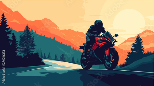 Illustration of a sports motorcycle. Motorcycle racer. Motorcyclist. Riding a motorcycle.