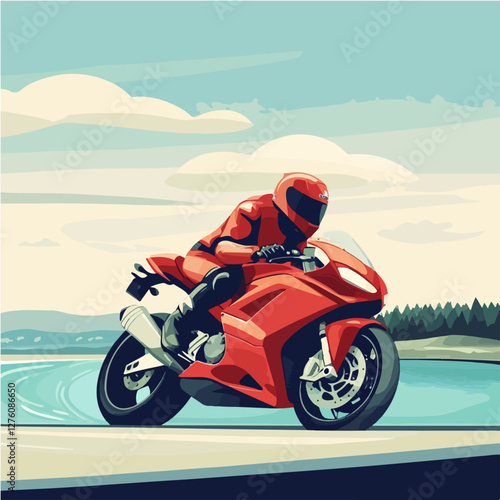 Illustration of a sports motorcycle. Motorcycle racer. Motorcyclist. Riding a motorcycle.