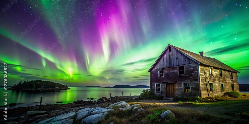 Obraz premium Aurora Borealis Illuminates Bar Harbor, Maine's Coastal Landscape at Night