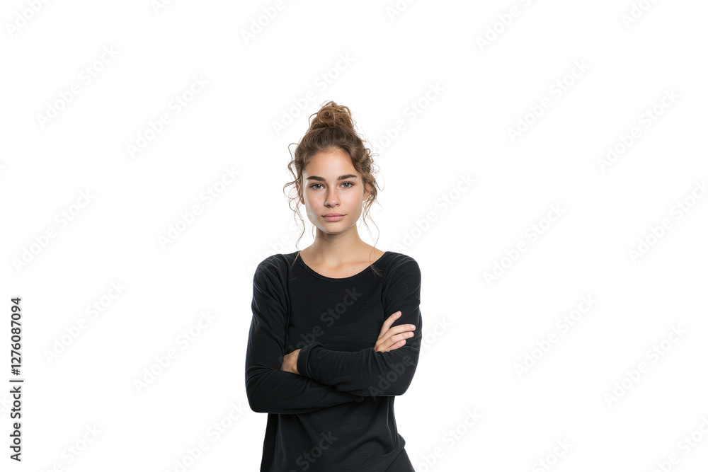 Serious Young Woman Crossing Her Arms with a Confident Expression Against a Neutral Background Serious Young Woman Crossing Her Arms with a Confident Expression Against a Neutral Background