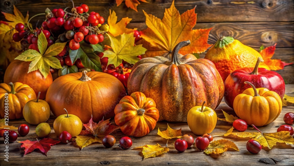 Autumn Harvest Still Life: Pumpkins, Maple Leaves & Quince on Rustic Wood Autumn Harvest Still Life: Pumpkins, Maple Leaves & Quince on Rustic Wood