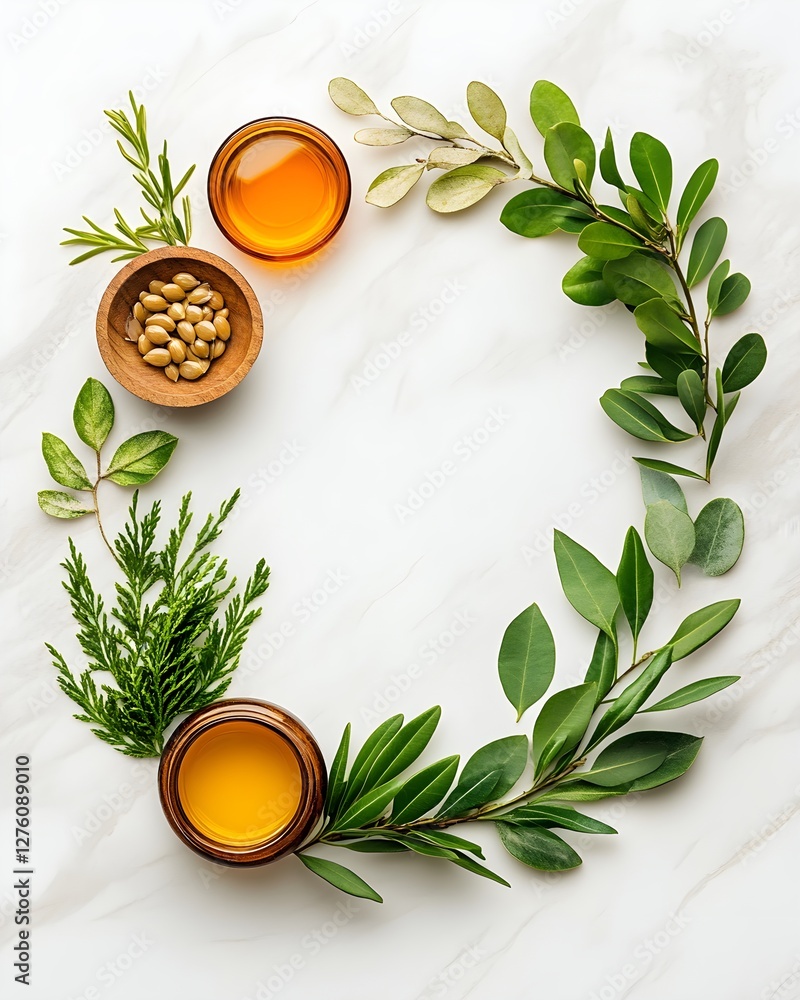 A minimalist, high-end wellness arrangement featuring sacha inchi, perilla seed oil, and algae-derived DHA, elegantly set on a sleek marble surface with refined aesthetics.