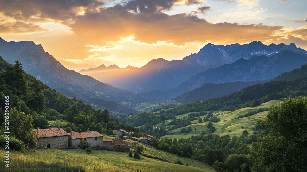 Naklejka premium Dramatic Sunset Sky over the Majestic Pyrenees Mountains