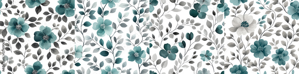 Seamless floral and botanical pattern in a soothing palette of teal blue and gray tones The design features delicate whimsical flowers leaves and foliage in a lush organic repeat This elegant Seamless floral and botanical pattern in a soothing palette of teal blue and gray tones The design features delicate whimsical flowers leaves and foliage in a lush organic repeat This elegant