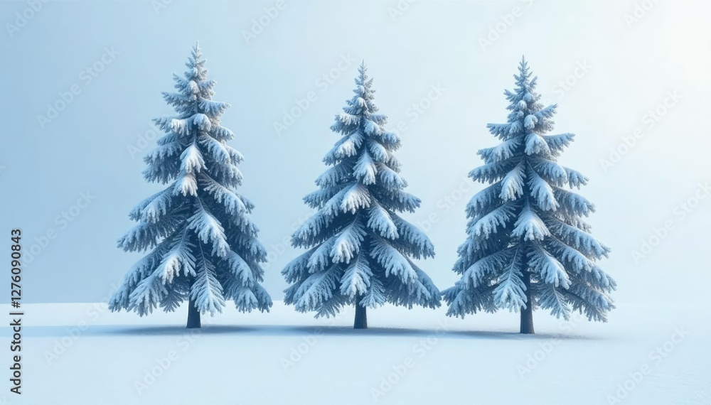 Obraz premium Three tall trees in a white snowy landscape with frosty atmosphere and icy mist, evergreen, trees