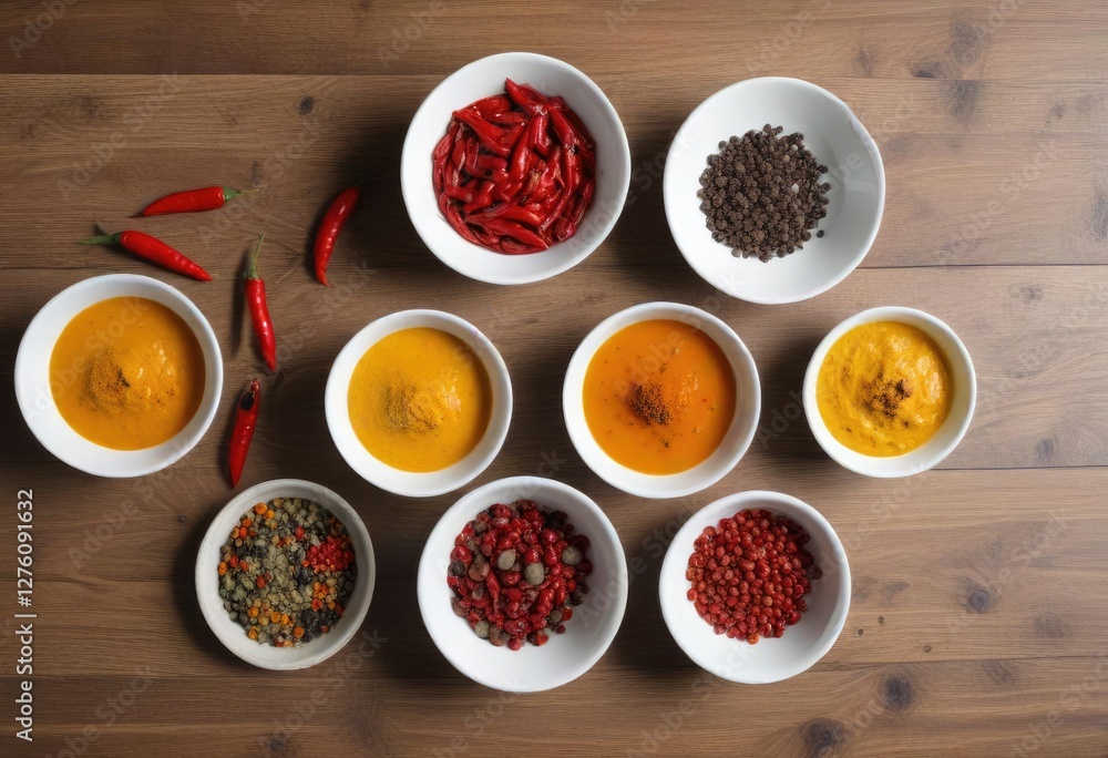Top view of white bowls with chili peppers, turmeric, and peppercorns on wooden table, yellow, black, cooking essentials, texture, red Top view of white bowls with chili peppers, turmeric, and peppercorns on wooden table, yellow, black, cooking essentials, texture, red