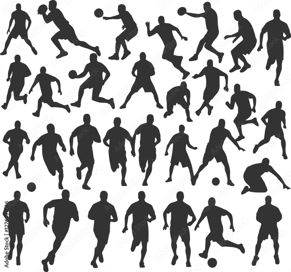 Soccer football group of men playing set of isolated vector silhouette team sport athletes. Soccer football group of men playing set of isolated vector silhouette team sport athletes.