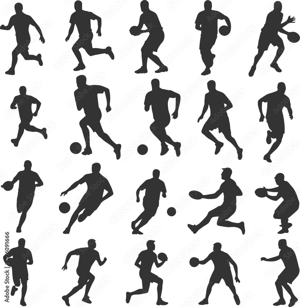 Soccer football group of men playing set of isolated vector silhouette team sport athletes. Soccer football group of men playing set of isolated vector silhouette team sport athletes.
