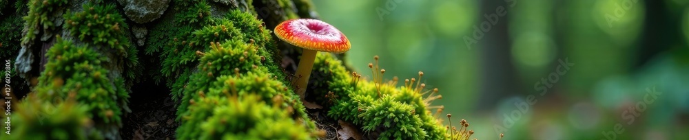 Tree trunk with growing poisonous mushroom and moss, nature, poisonous mushroom, wild growth Tree trunk with growing poisonous mushroom and moss, nature, poisonous mushroom, wild growth