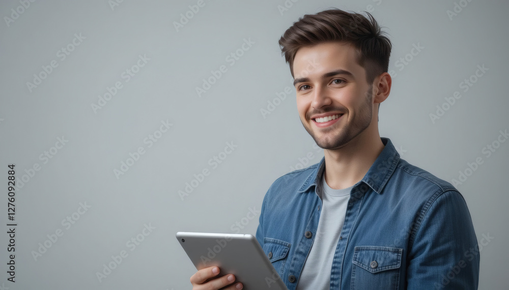Young handsome man smiling while holding a tablet, isolated on a transparent background for easy customization Young handsome man smiling while holding a tablet, isolated on a transparent background for easy customization