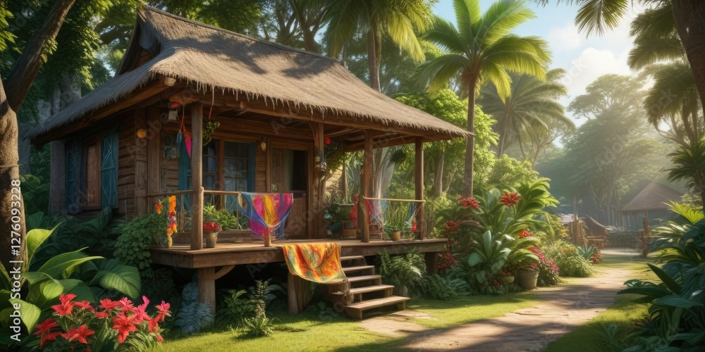 Obraz premium Tropical flowers and lush greenery surrounding a rustic cabin with colorful hammocks, colorful hammocks, lush greenery, serene atmosphere