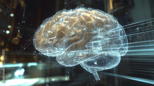 a transparent 3D brain with glowing neural networks, deep inside, the RAS (Reticular Activating System)