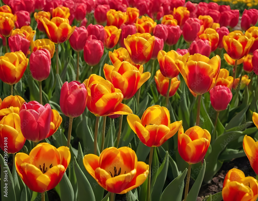 The colorful flowers of tulips, spring season, red and yellow tulip The colorful flowers of tulips, spring season, red and yellow tulip