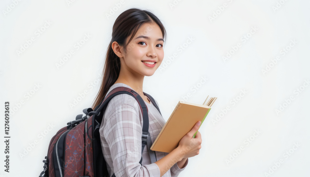 Young beautiful college student with backpack and book, smiling student isolated on transparent background, academic success concept Young beautiful college student with backpack and book, smiling student isolated on transparent background, academic success concept