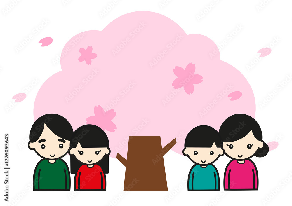 満開の桜の前の四人家族2