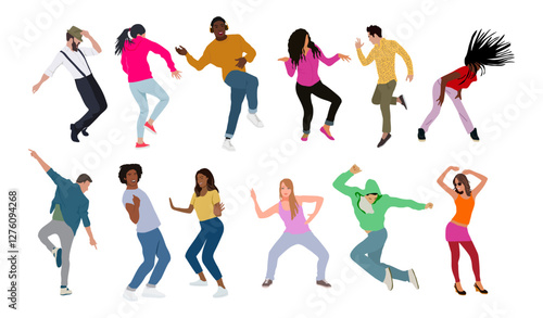 Set of young men and women dressed in trendy clothes dancing at club or music concert. Collection of male and female cartoon characters having fun at dance party. Flat colorful vector illustration.