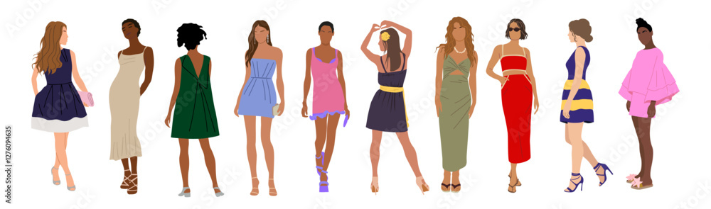 Set of fashion women in trendy clothes vector cartoon illustration. Collection classy colorful street style dress female isolated. Fashionable girl demonstrate summer clothing, front, side, back view. Set of fashion women in trendy clothes vector cartoon illustration. Collection classy colorful street style dress female isolated. Fashionable girl demonstrate summer clothing, front, side, back view.