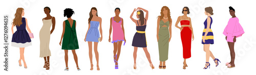 Set of fashion women in trendy clothes vector cartoon illustration. Collection classy colorful street style dress female isolated. Fashionable girl demonstrate summer clothing, front, side, back view.
