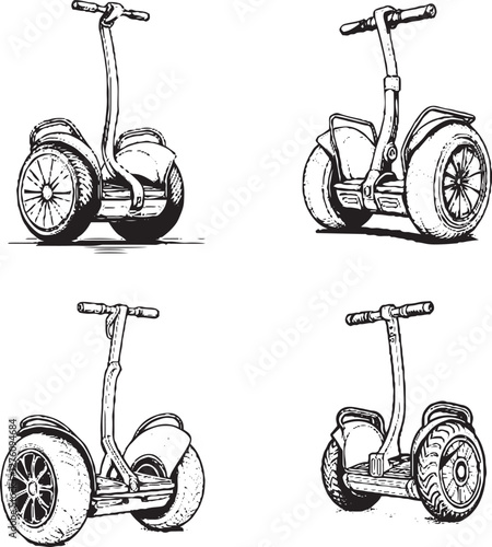 : "Detailed Black-and-White Segway Illustrations - Various Angles and Designs"