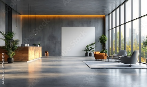 Wallpaper Mural Modern office interior with desks and chairs in an open space setting, featuring a blank white wall on the right for copy space. 3D Rendering,

 Torontodigital.ca