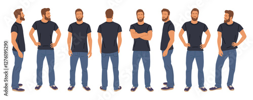 Casual man character standing in different poses front, rear, side view. Handsome bearded guy in black t-shirt, blue jeans, sneakers. Set of vector realistic illustrations isolated