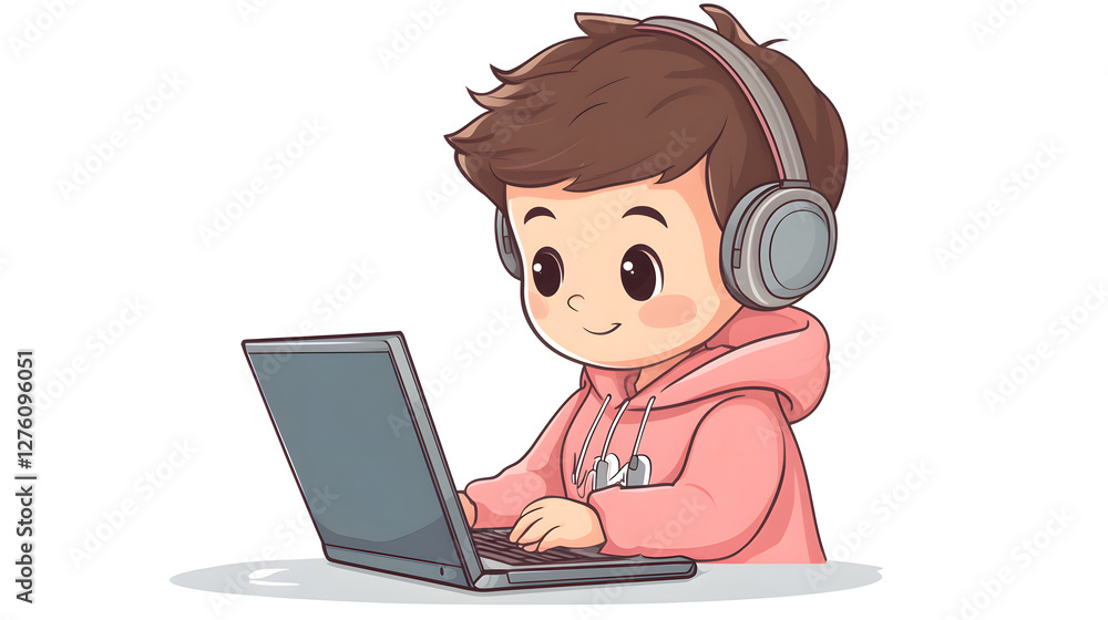 A little boy is sitting at the computer with headphones
A little boy is sitting at the computer with headphones