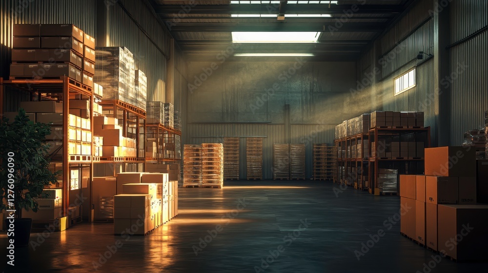 A spacious warehouse interior with wooden shelves, stacked boxes, and sunlight streaming through a skylight, creating a dramatic atmosphere. A spacious warehouse interior with wooden shelves, stacked boxes, and sunlight streaming through a skylight, creating a dramatic atmosphere.