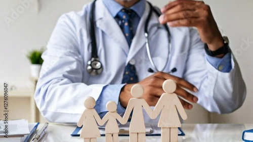 Medical Protection Concept: Doctor Caring for Wooden Family Figures
, Generative AI