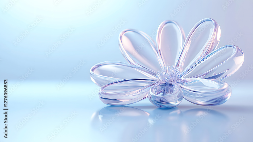Delicate, translucent glass sculpture resembling a flower with multiple petals, set against a soft gradient blue background. Delicate, translucent glass sculpture resembling a flower with multiple petals, set against a soft gradient blue background.