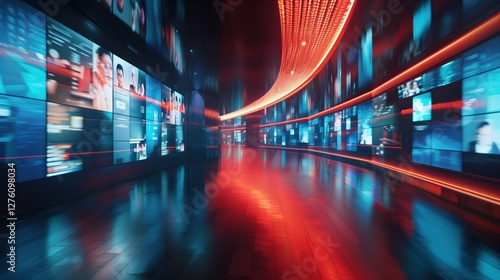 Blurred wall of television screens broadcasting 24/7 news and media. Concept of internet, AI, and nonstop data as wallpaper background