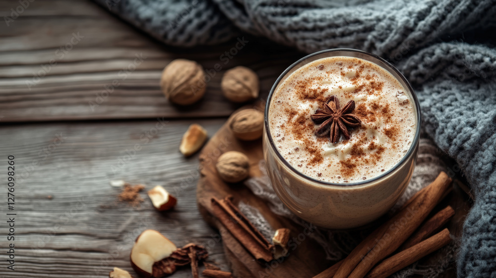 Fresh apple cinnamon smoothie in glass, garnished with spices, surrounded by nuts and cinnamon sticks, evokes warmth and comfort. Perfect for cozy moments Fresh apple cinnamon smoothie in glass, garnished with spices, surrounded by nuts and cinnamon sticks, evokes warmth and comfort. Perfect for cozy moments