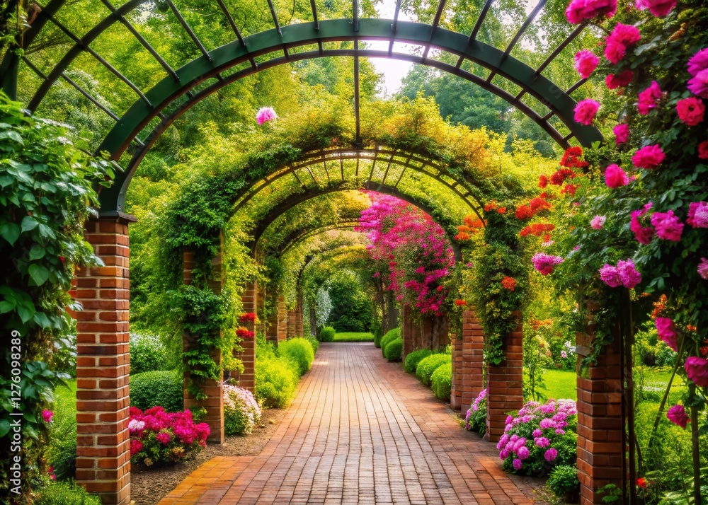Fototapeta premium Brick Walkway Garden Trellis Flowers Trees - Horizontal Stock Photo