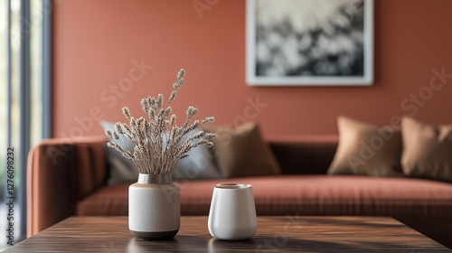 Wallpaper Mural Wooden table with a vase of flowers. Interior design with a modern style in the pantone. Colour mocha 2025 mousse. A table made of wood featuring a lifestyle flower vase. Torontodigital.ca