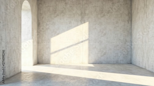 Sunlit Empty Room with Arched Window and Concrete Walls