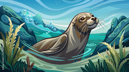 Sea lion swimming gracefully in the water, with its head above the surface, sea lion, wildlife, ocean, water, nature, marine