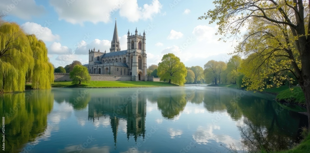 Obraz premium A tranquil lake reflects the majestic spires of Salisbury Cathedral in spring, spring, serene