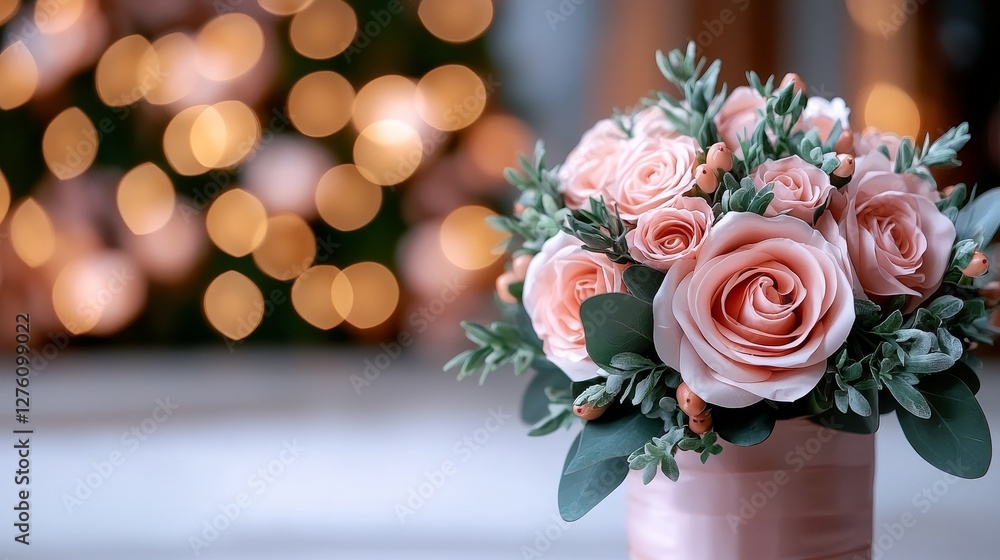 Delicate Peach Rose Bouquet, Festive Background Lights Delicate Peach Rose Bouquet, Festive Background Lights