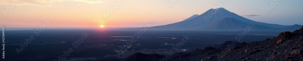 A vast expanse of volcanic land stretches across the horizon, landscape, calm A vast expanse of volcanic land stretches across the horizon, landscape, calm