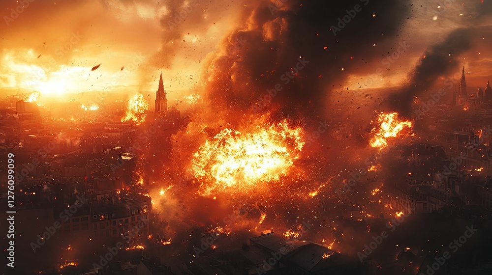 Fototapeta premium Fiery Cityscape Devastation Inferno Destruction