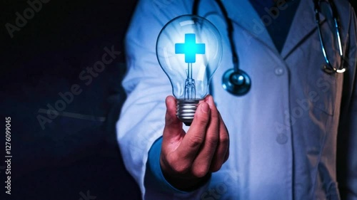 Smart Doctor Holding Light Bulb with Medical Cross Hologram Innovation, Generative AI