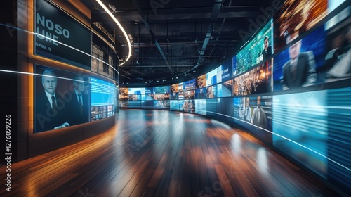 Blurred wall of television screens broadcasting 24/7 news and media. Concept of internet, AI, and nonstop data as wallpaper background