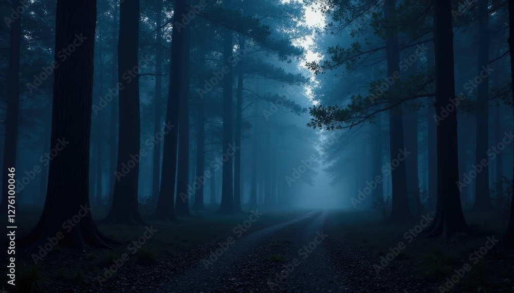 Obraz premium Dark forest at dusk with misty trees and twinkling lights, eerie, forest